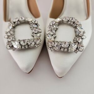 Badgley Mischka White Satin Heels with Crystal Accents